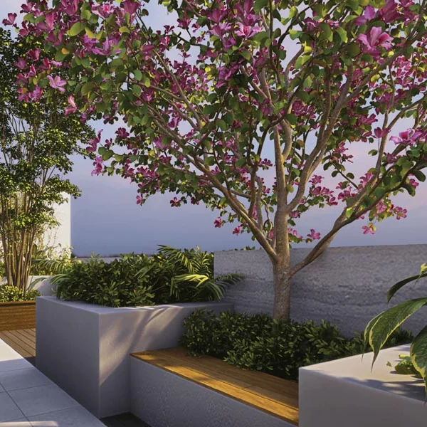 CKPC Horizon, Sarjapura Road Planter-lined garden walk with a bench at CKPC Horizon, developer render