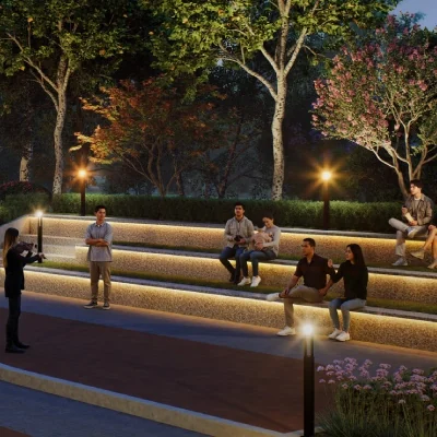 CKPC Heart of Harmony, Kudlu Gate Amphitheatre steps under trees at dusk at CKPC Heart of Harmony, developer render