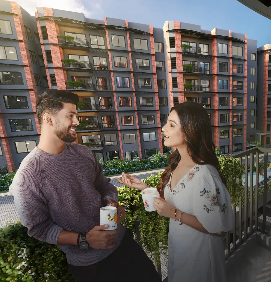 CKPC residential render Residents on a balcony overlooking landscaped greens and apartment towers, CKPC developer render